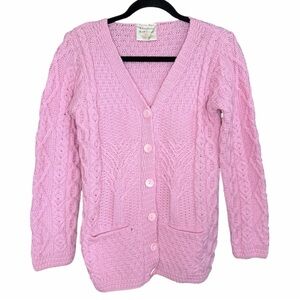 Kilronan Knitwear 100% Merino Wool Pink heavy knit buttoned cardigan sweater S